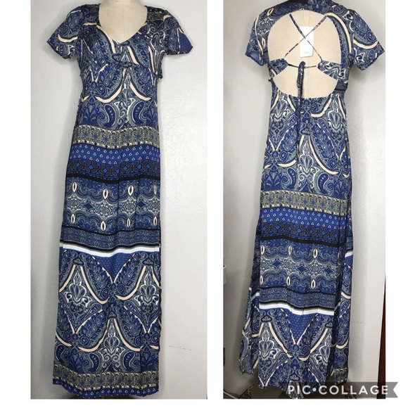 TOBI Blue Maxi Side Splits Open Back Paisley Dress - Picture 1 of 6